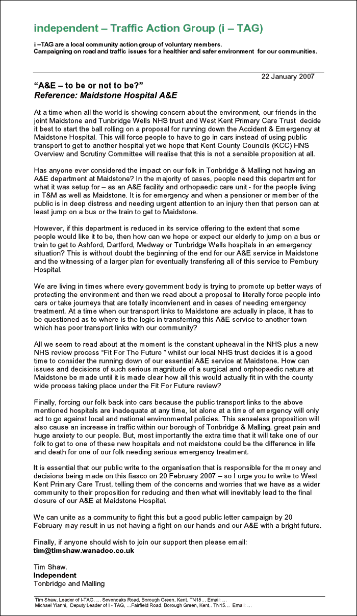 A letter concerning the possible closure of the Accident and Emergency Department at Maidstone Hospital