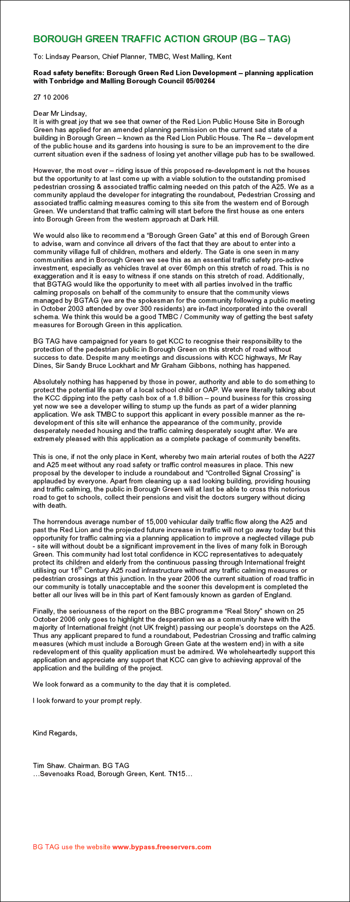 Letter sent on 27 October 2006